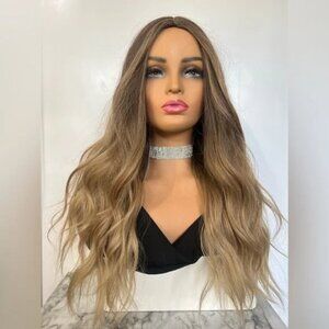 Blonde Balayage Wavy Light Ash Blonde w/ Brown Roots Wig 28"